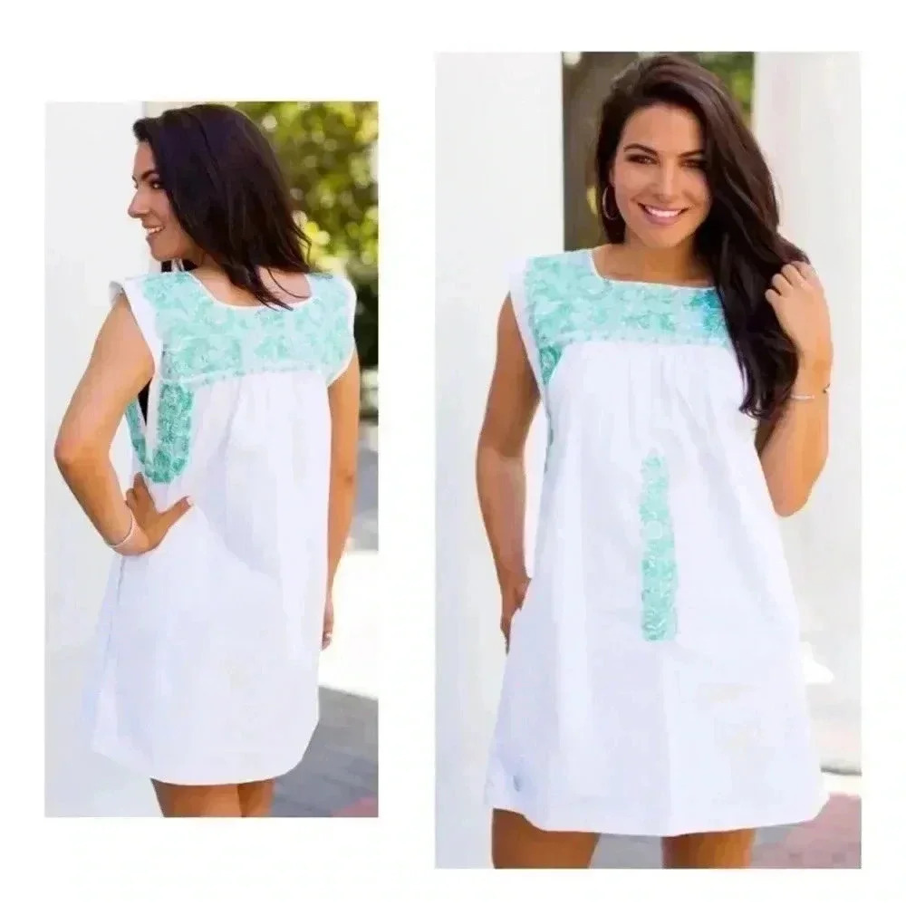 J. Marie Paper White & Turquoise Embroidered Textile Mini Dress Boho Beachwear
